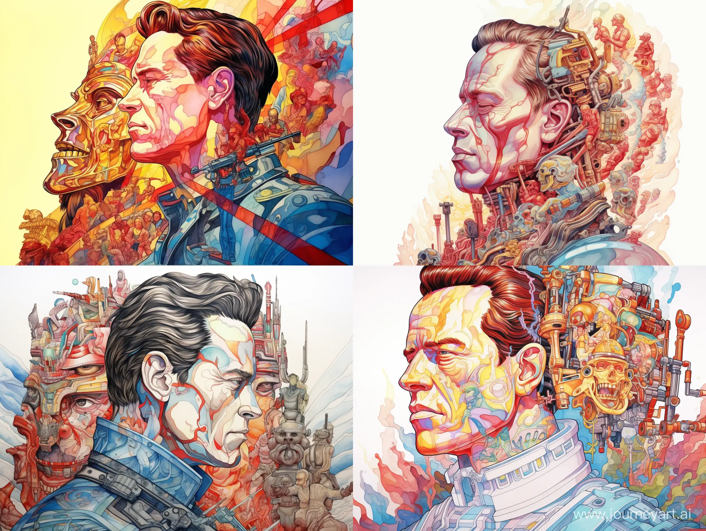 Portrait of actor Arnold Schwarzenegger as the terminator, in profile, with a crown on his head, against the background of characters from films, on a white background, caricature, watercolor, in detail, impressionism style, Victo Ngai