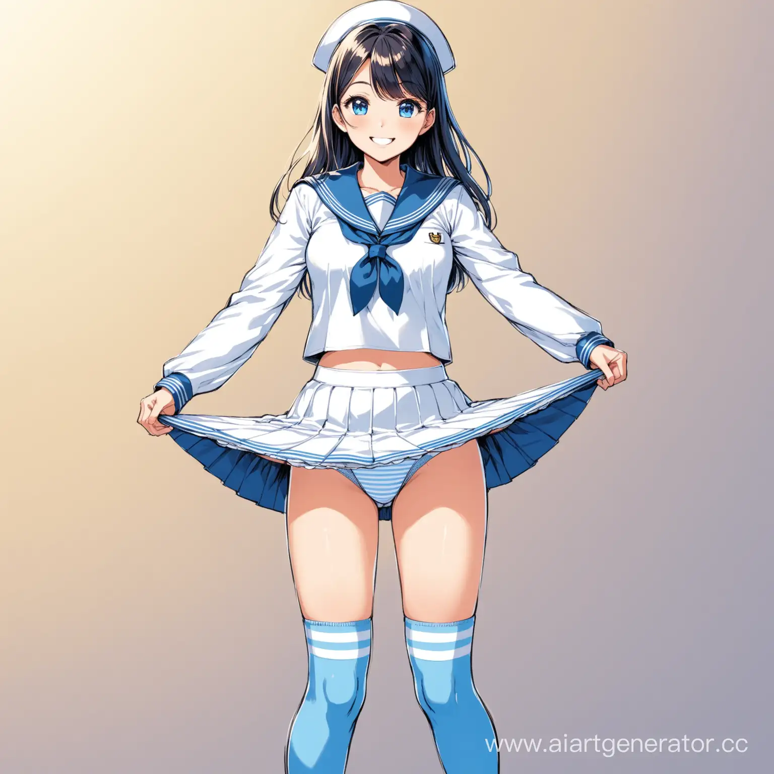 Beautiful woman, playmate-like proportions, symmetrical eyes, smile, holding the hem of her skirt, Light blue and white striped panties that lift her skirt to reveal her underwear,front view, lifting her skirt, sailor uniform, navv knee socks, loafers, school