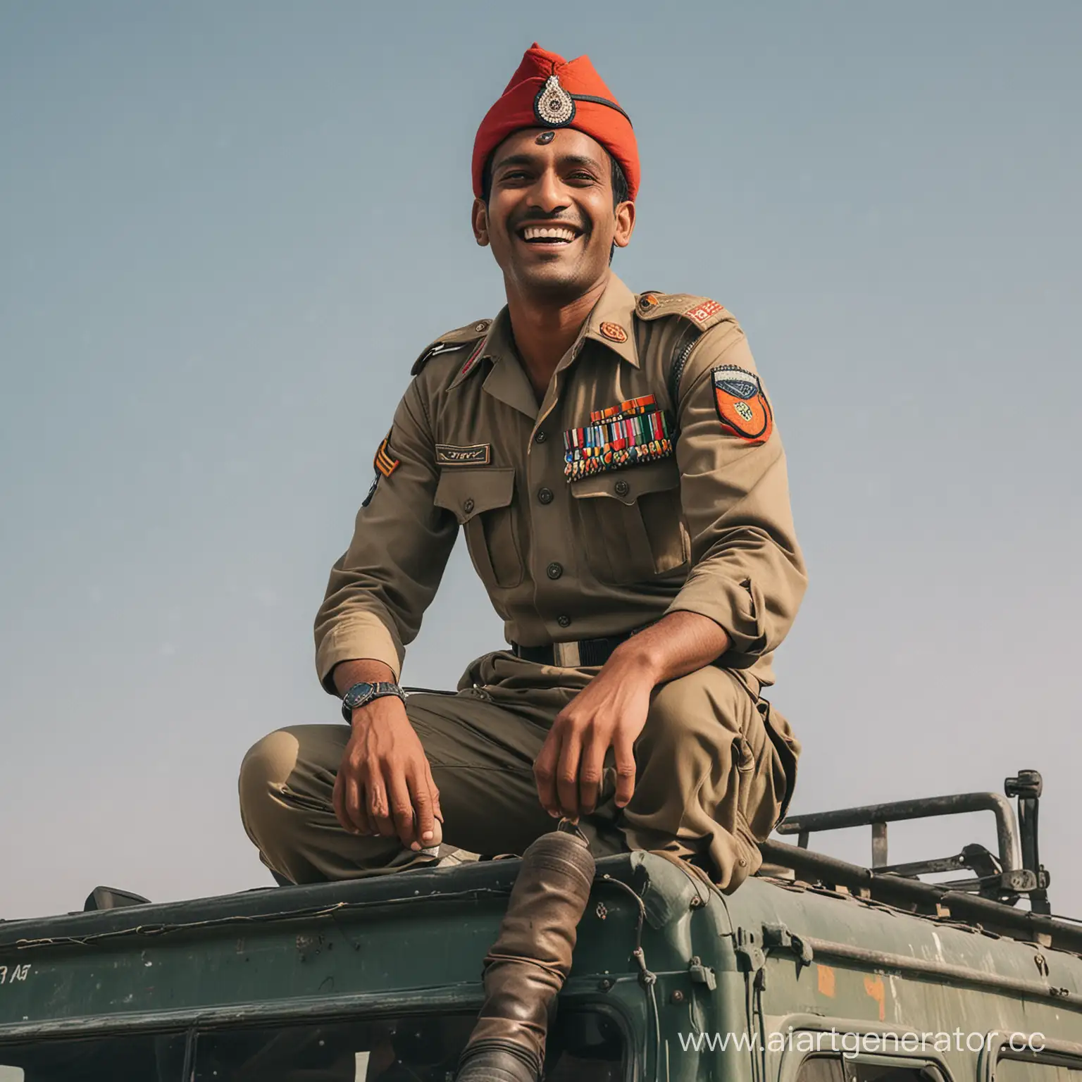 веселый индус в военной форме едет на крыше грузовика