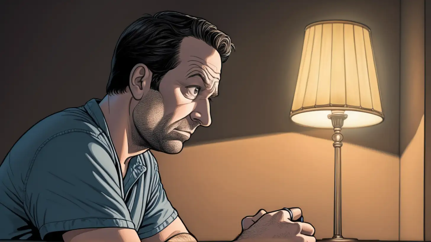 american comic, cinematic lighting, 1man, 40-years-old, sad, watching account