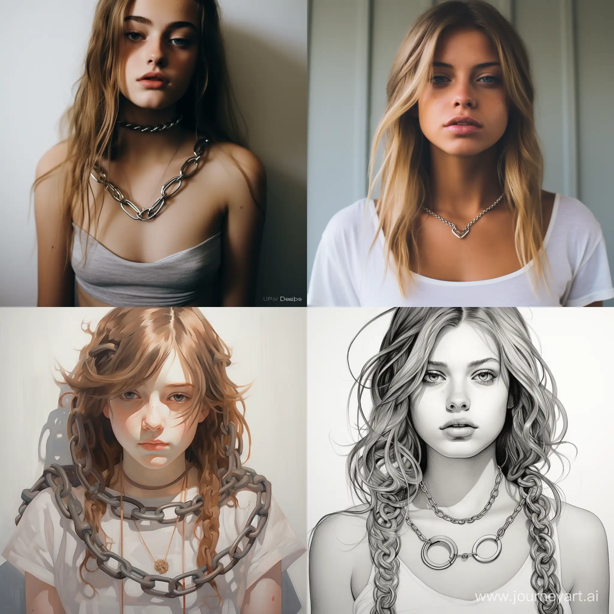 I want a picture that depicts a white girl wearing a link chain in the shape of an "O". The chain should be continuous and composed of circular or oval links forming a closed loop. The girl should have this chain around her neck and a pendant should hang from the chain. Make sure that the details of the girl and the chain are clearly visible and try to make the picture look stylish and elegant.