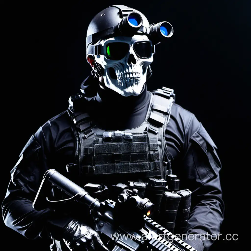 военный, черная униформа, маска череп, очкин ночного виденья, шлем, бронежилет, оружие, Саймон Гоуст Райли