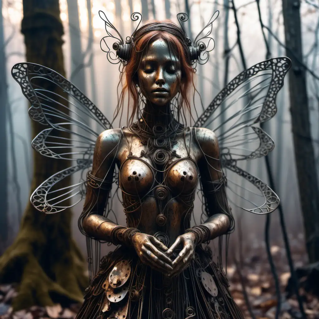 photo of a strange looking highly-detailed praying fairy princess, covered in heavily rusted and oxidized curved metal plates with lots of old frayed wires and damaged metal mesh in an otherworldly atmosphere, misty sunrise morning forest glen landscape