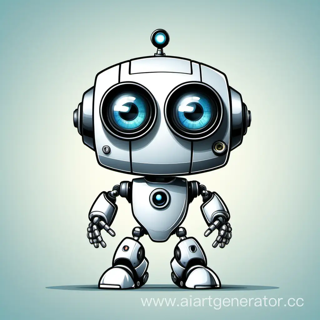 персонаж мультяшный малыш-робот, технологичный, современный, милый, глаза в виде камеры видеонаблюдения объектив, с поднятой рукой