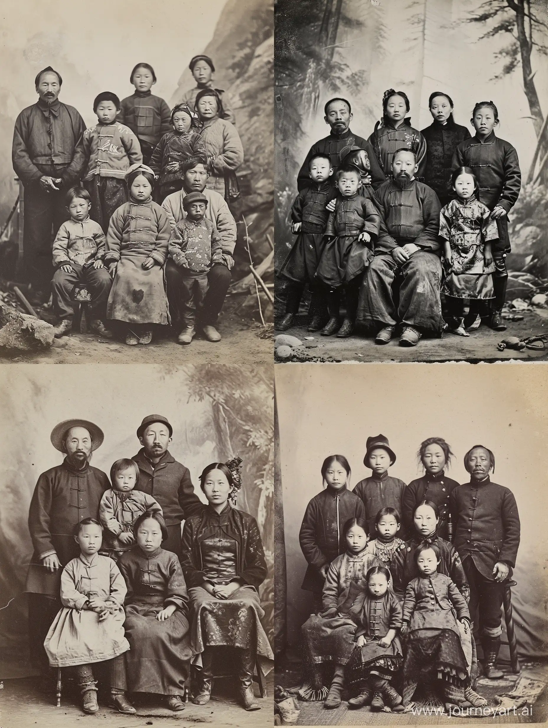 Historical black and white photographs depicting a photograph of a Chinese worker's family portrait who resides at Yosemite in the late 1800s.