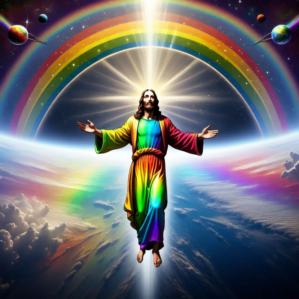 rainbow jesus above the earth in a spaceship looking down with cosmic love