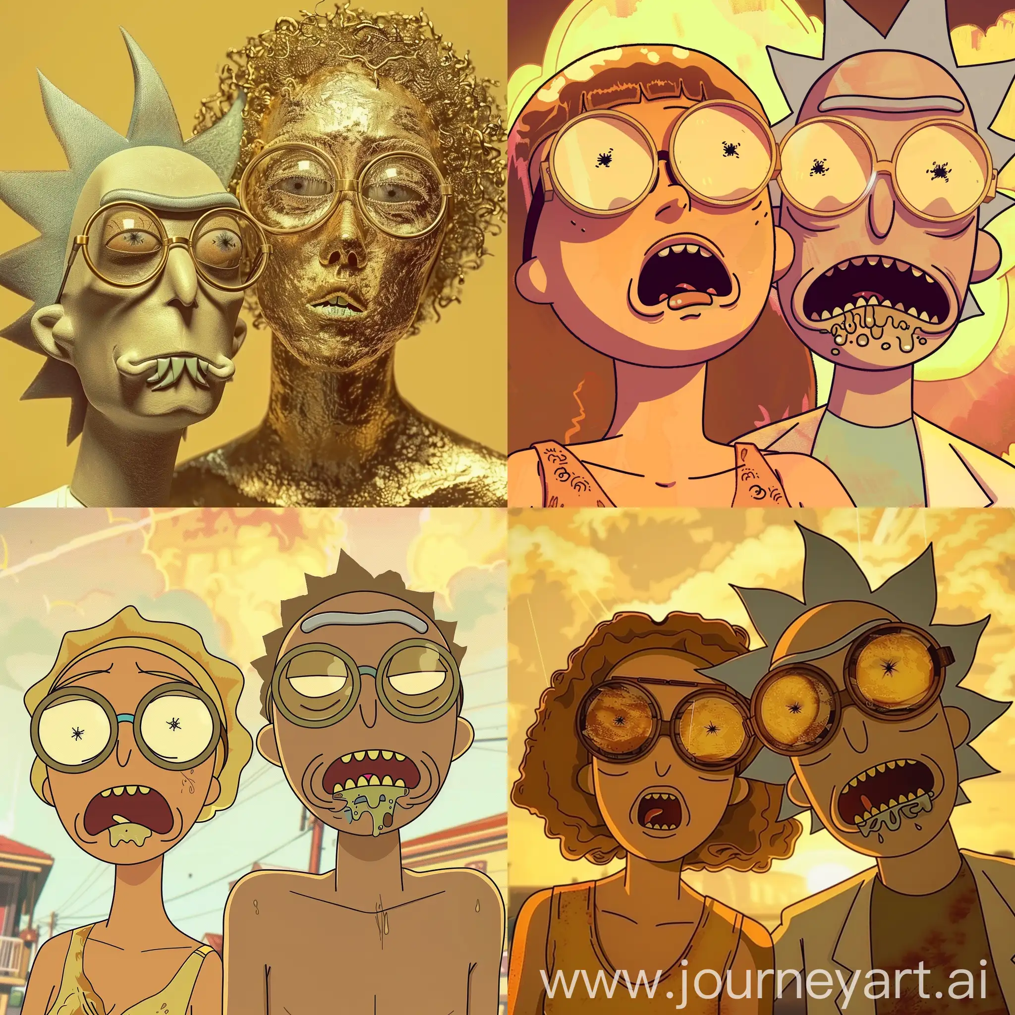 man wearing circle glasses with big jawlines with his girl with golden skin tone in Rick and Morty style 