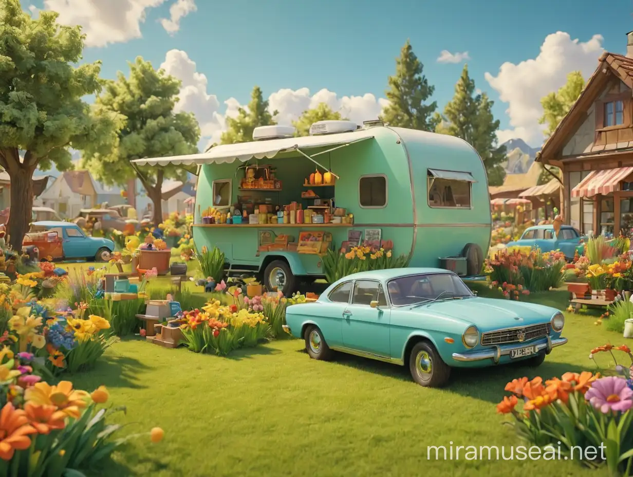 Advertising on green grass using trailers and vehicles, with products in the car, in the small shop, cute cartoon design, dreamy visual effects, soft sculptures, webcam, bright colors, bold shapes, flowers, capturing moments, delicate luster, 3D, sunny, bright colors, bold color matching, ultra-high quality, blurry front
 --version 6 --stylize 200