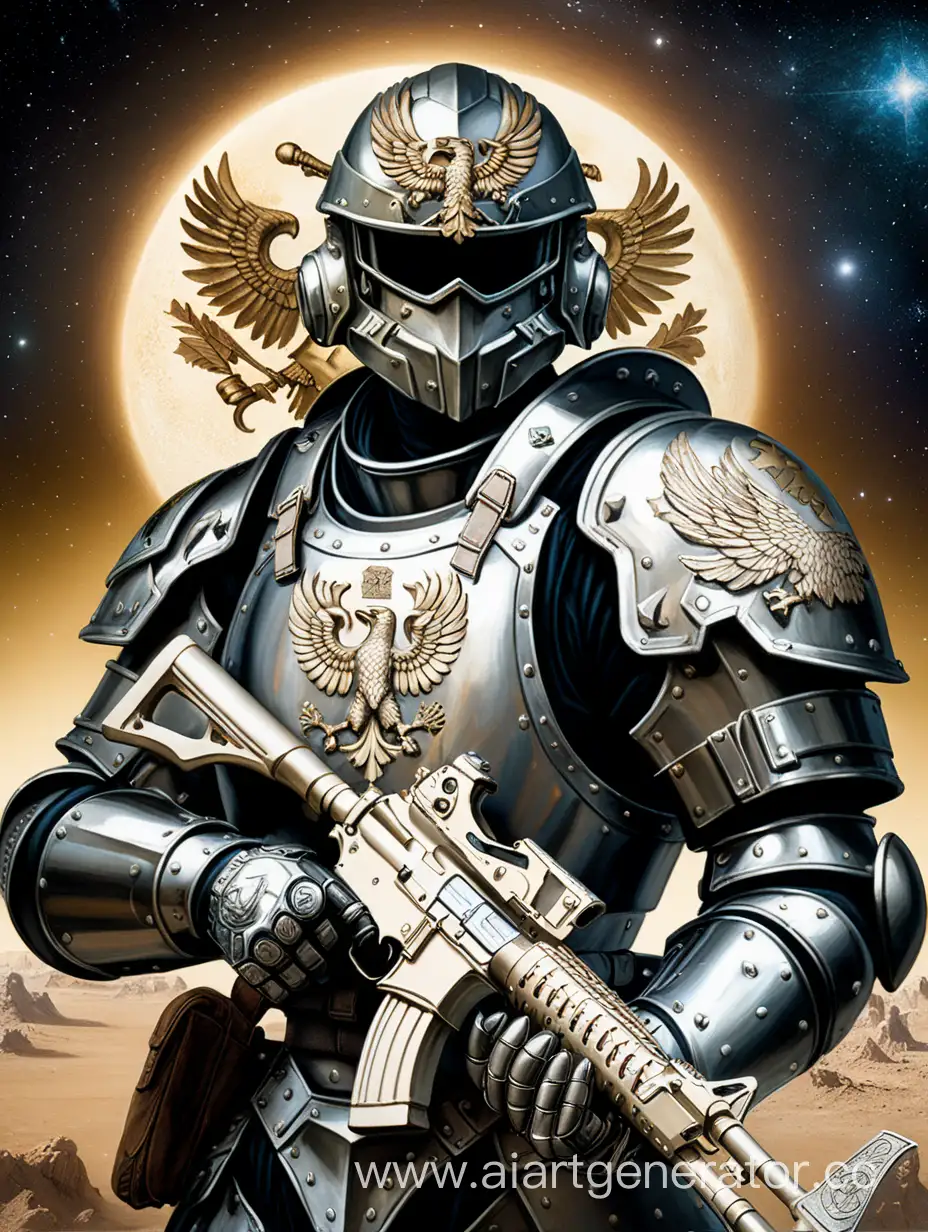 солдат в латных доспехах, держит автомат в руках, на фоне космос, на шлеме гравировка орла двухглавого 