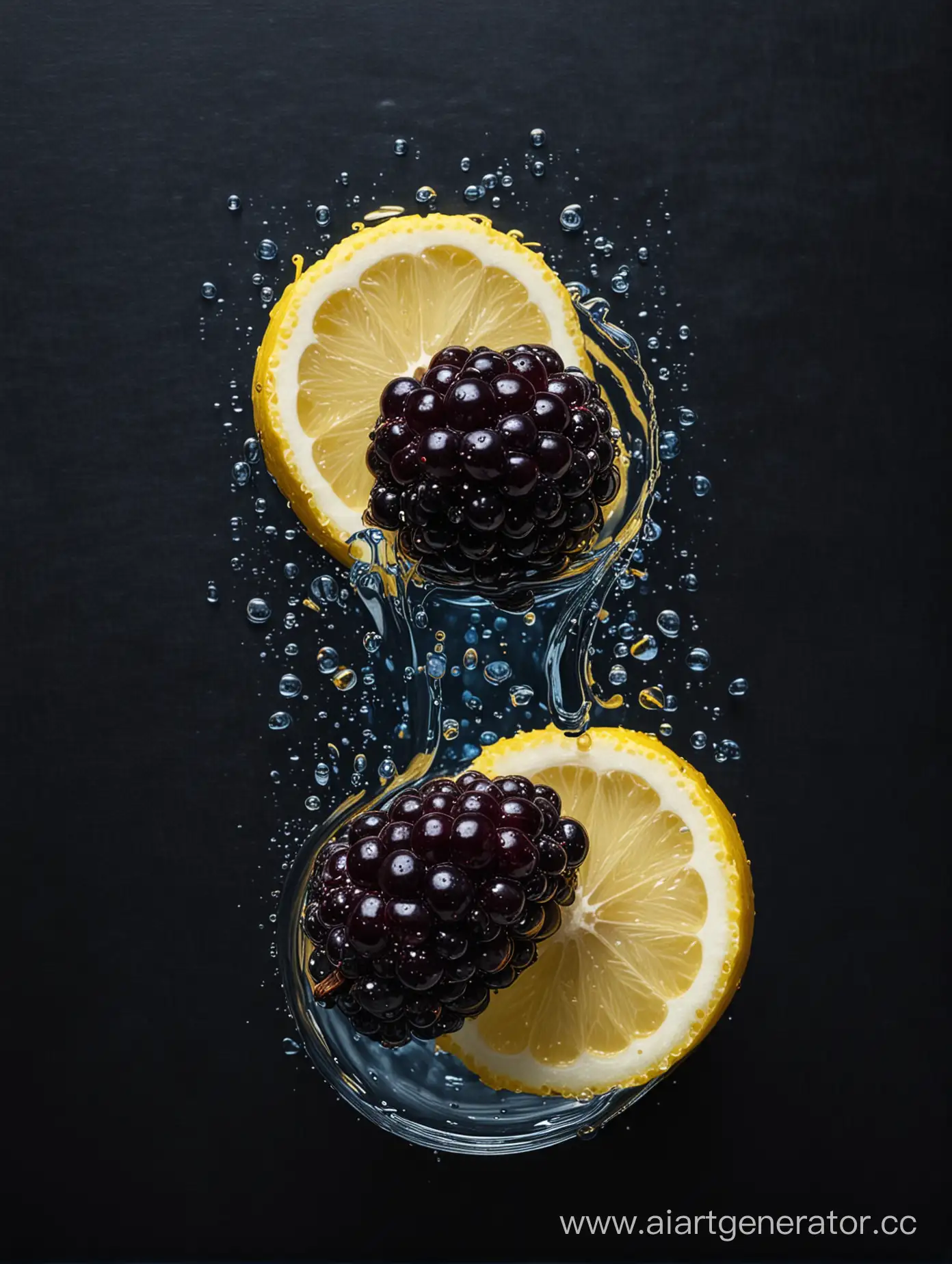 Boysenberry with lemon slices water drop on DARK blue 