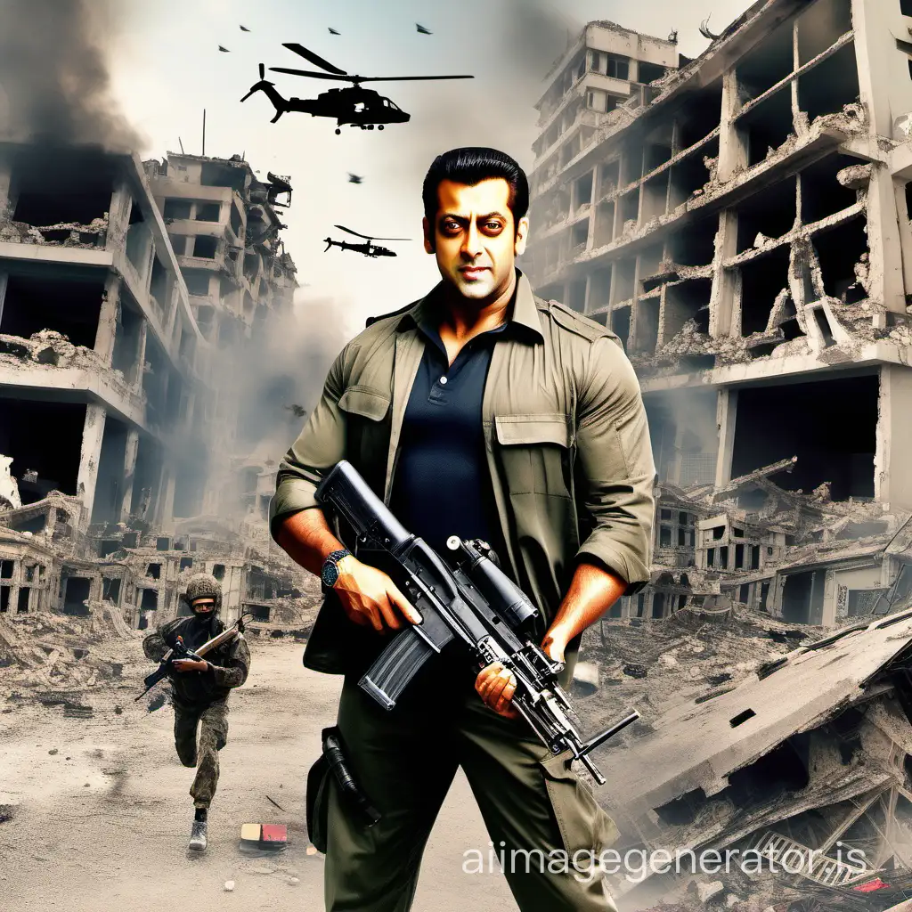 Create Salman Khan with long hair with machine gun in war zone; background with drones and helicopters with destroyed buildings