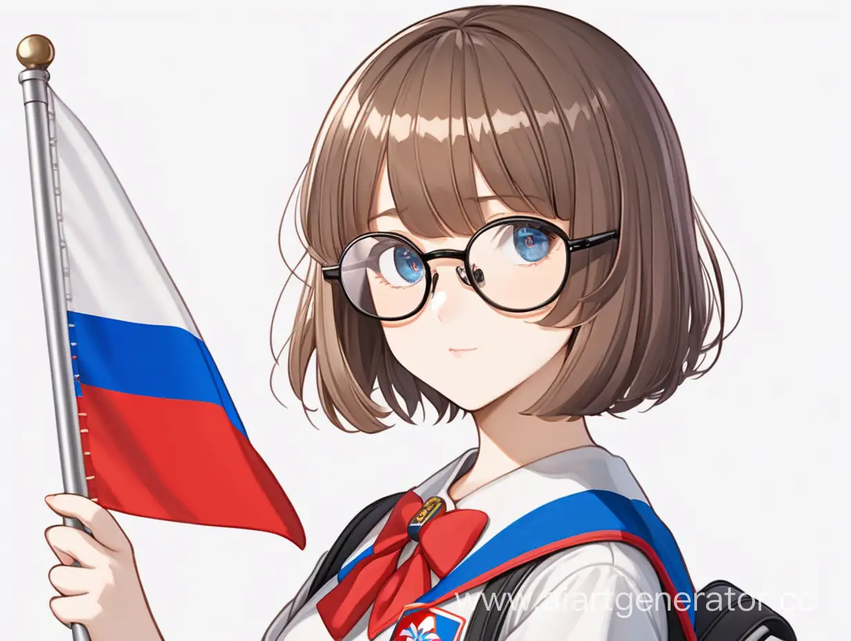 Аниме девушка с причёской каре, с очками, и флагом россии