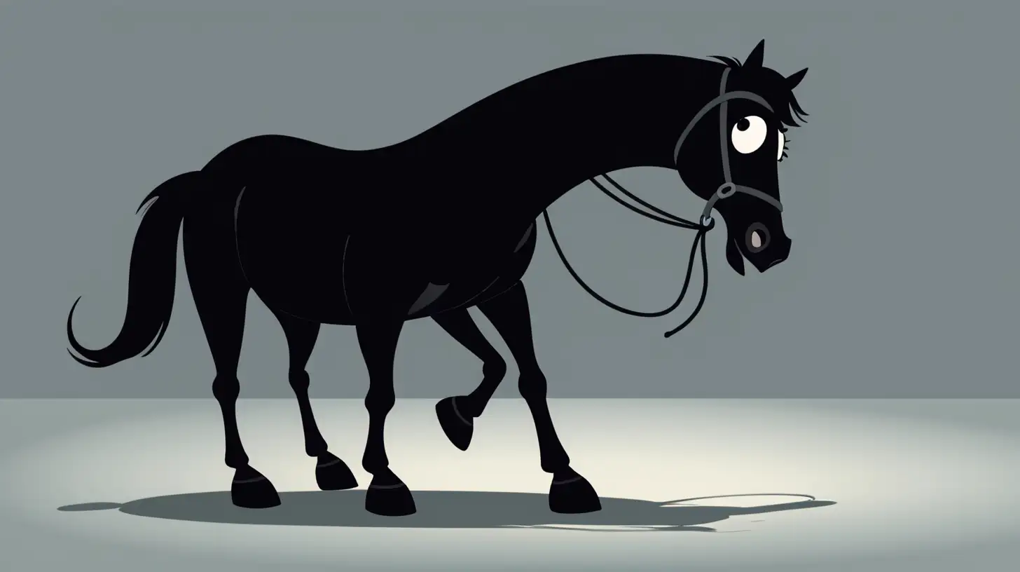 Timid Cartoon Black Horse Startled by Shadow