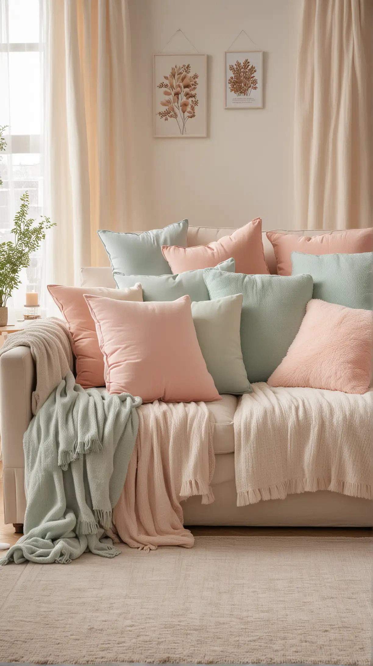 A cozy living room with a mix of soft pastel pillows on a plush sofa, surrounded by light curtains and soothing decor.
