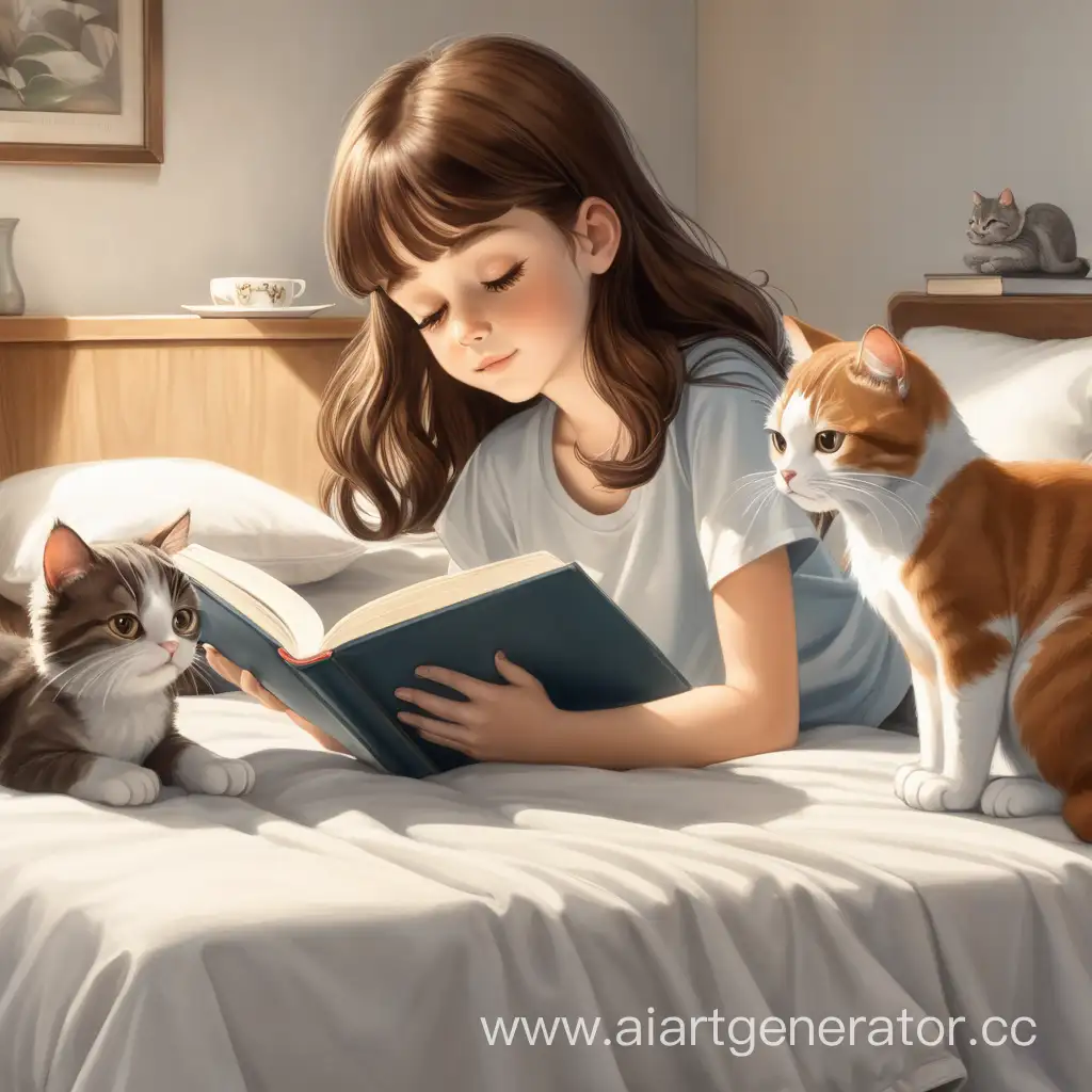 a girl with brown hair is reading a book lying on the bed next to her two cats, one white with gray, the second brown with white