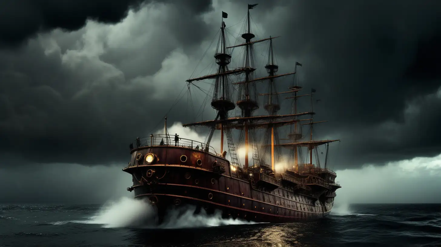 Steampunk Ship Battling Storm in Dark Rainy Seascape with Billowing Steam Smoke