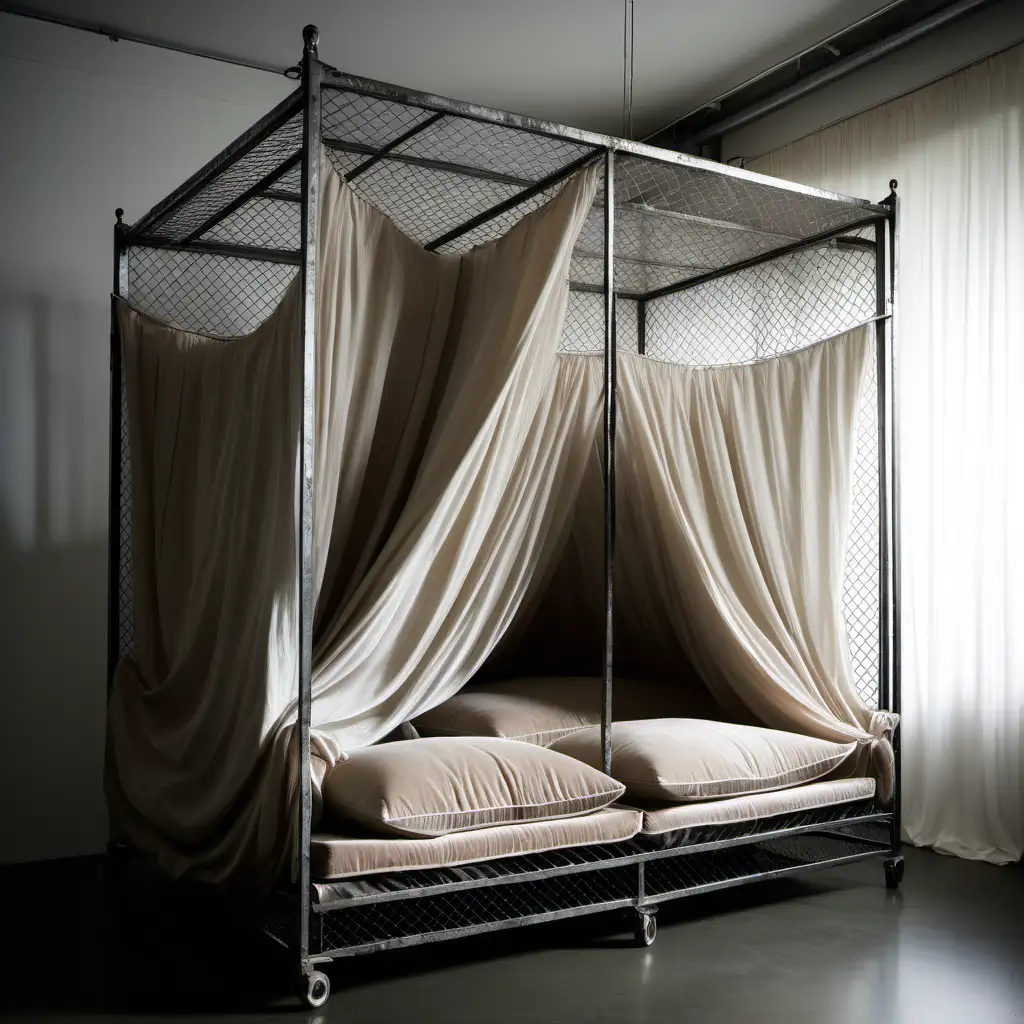 A very large metal cage with cushions with silk curtains over it on three sides 