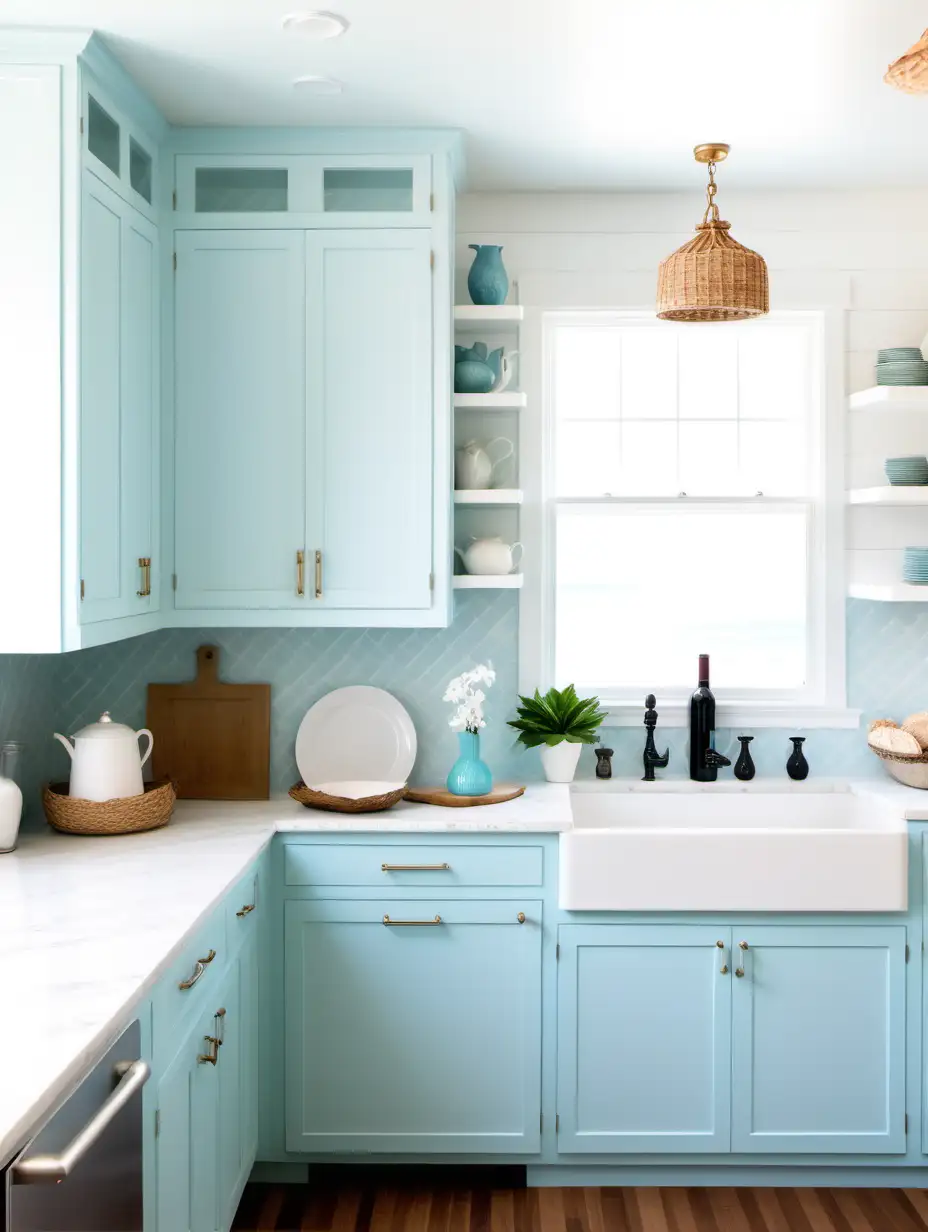 Coastal kitchen: Featuring light blue cabinets, white countertops, and beach-inspired decor like 