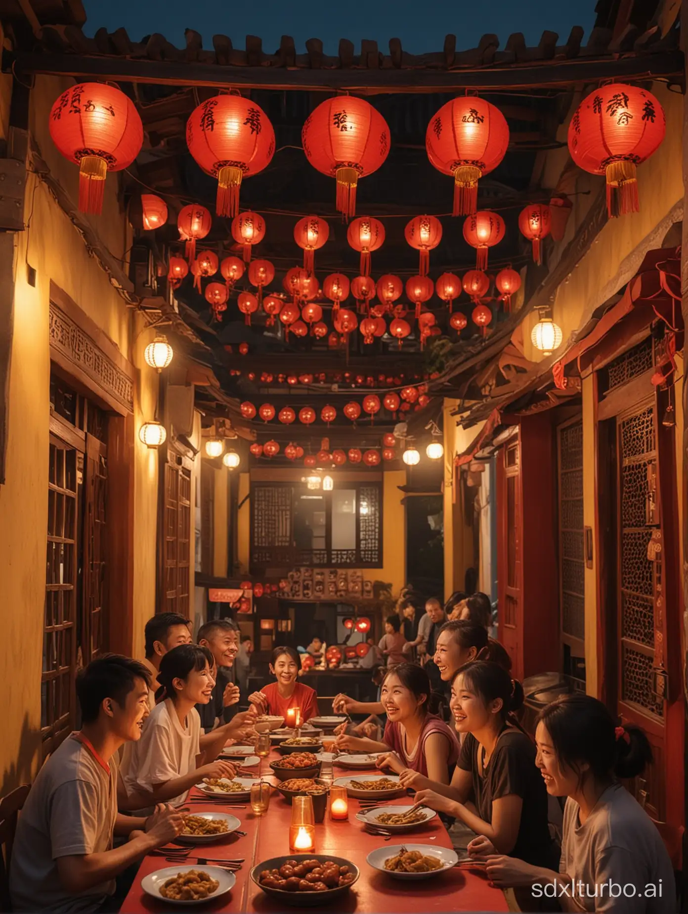 At night, 10 men, women, children, and elderly people with Asian faces and happy smiles, wearing ordinary T-shirts and trousers, gathered around a red round table and ate sumptuous dishes, in the style of movie stills, Retro style, warm picture makes people feel warm, distant view, warm yellow light lights up the surroundings, in the courtyard of the traditional Minnan style building, red lanterns are hung on the eaves, and cooking smoke rises from behind, the depth of field highlights the characters facial expression.