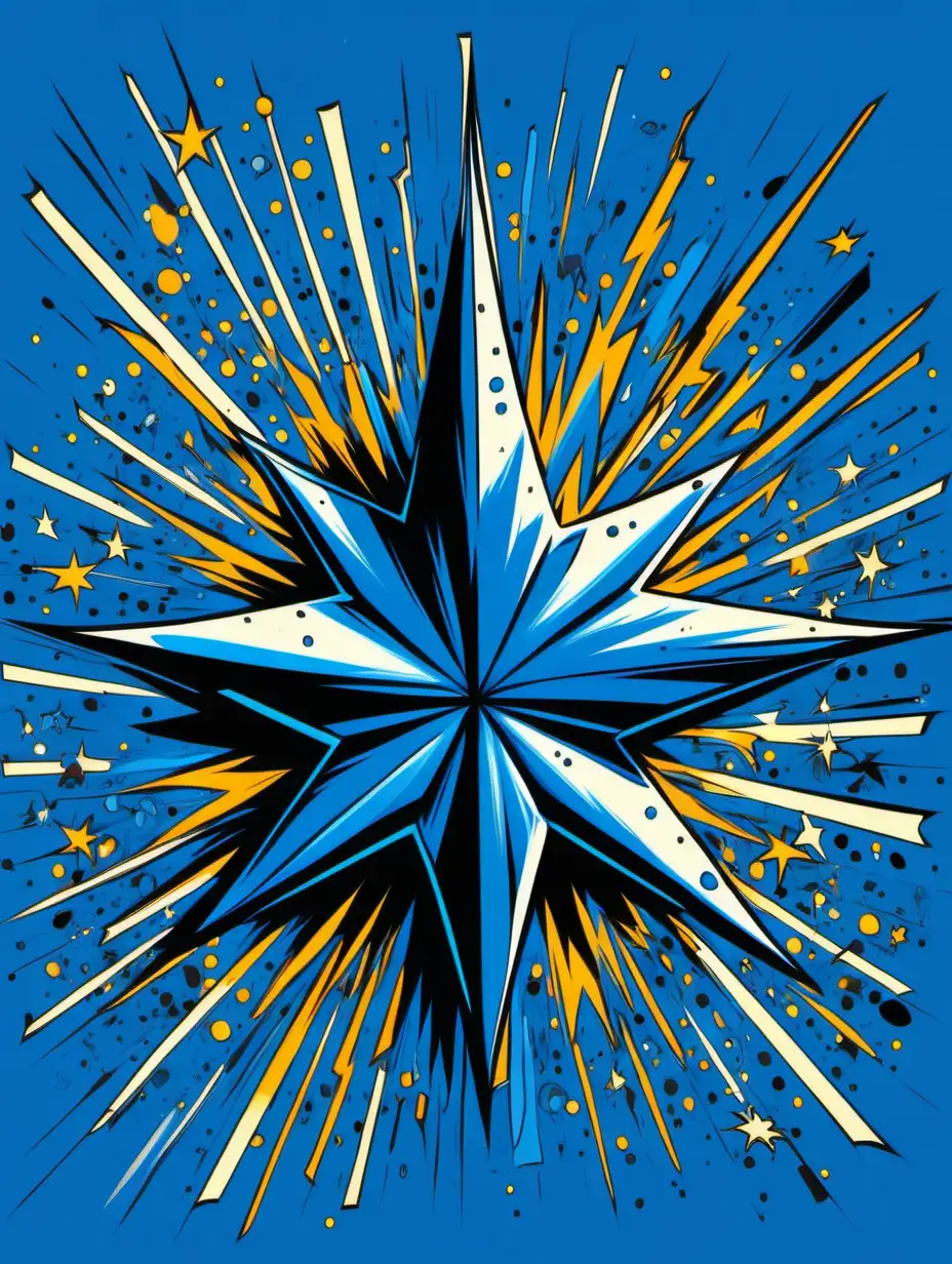 2d drawing of star shape, popart, exploding, blue color