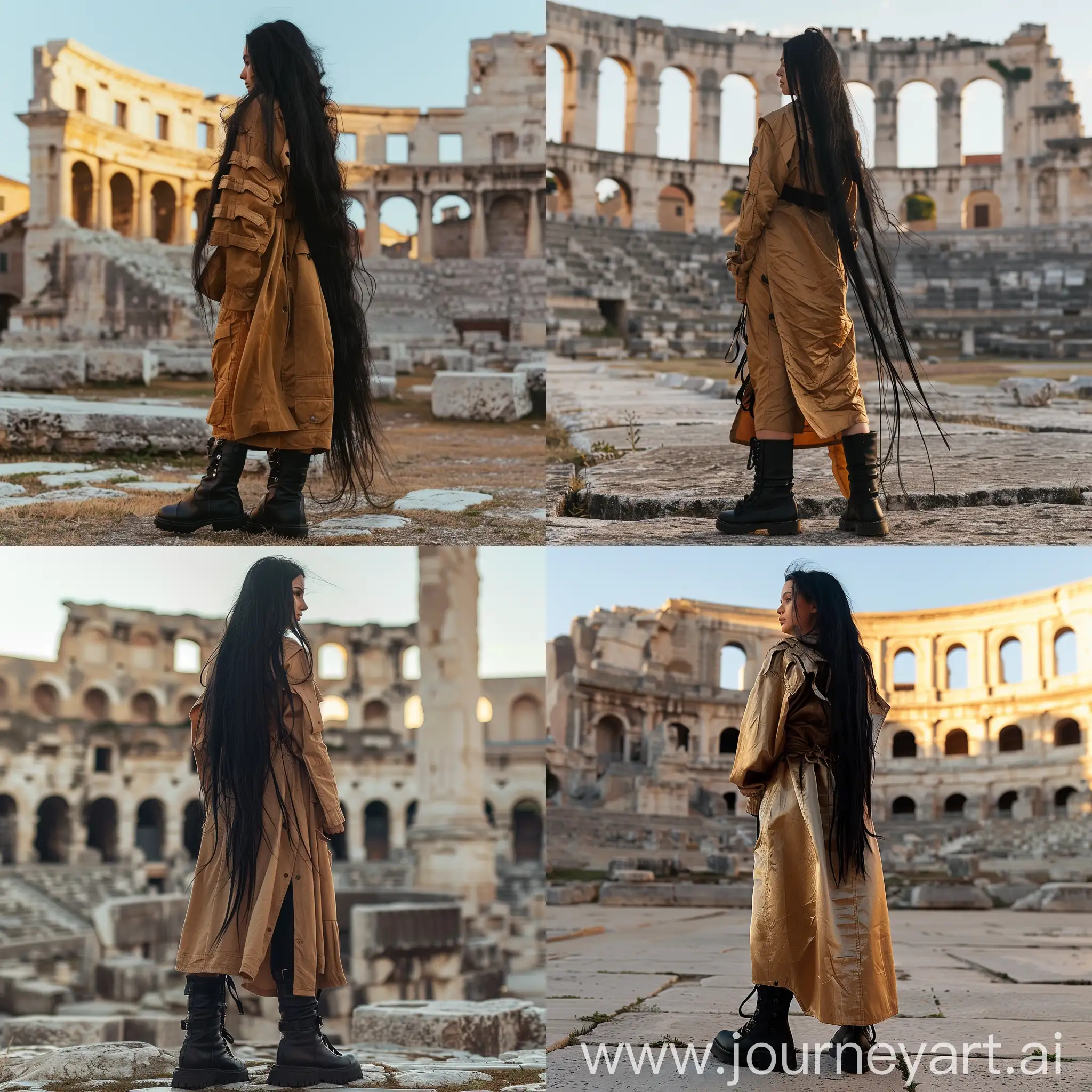 a portrait of a woman from the back, with long black hair, black combat boots and a long caramel jacket, in the background the amphitheater of the city of Pula in Croatia