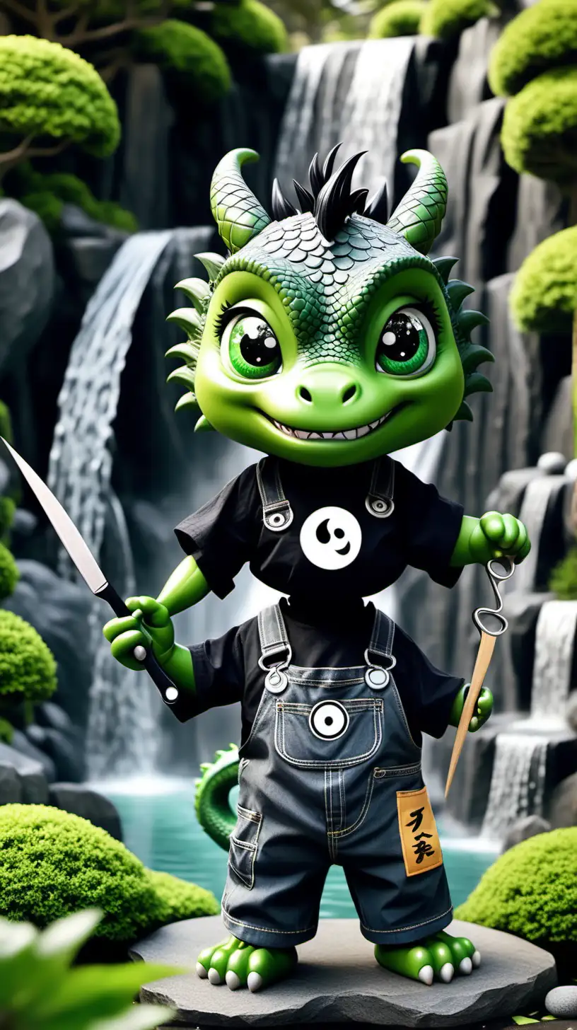 Un personnage dragon asiatique vert et noir  rigolo et trés  mignon qui a un effet gentil qui est paysagiste avec salopette gris foncé avec un yin et yang dessus et une paire de ciseaux dans la main en mode jouet avec gros tete de dessin animé style Pixar pour enfant dans un jardin japonais avec cascade 
