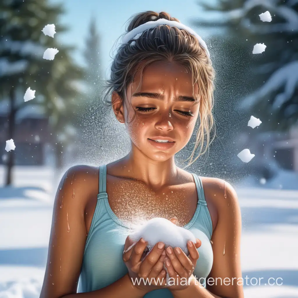 there is a tanned girl exhausted by the heat, drops of water on her face, holding a handful of snow in her hands and summer is all around, the heat is strong