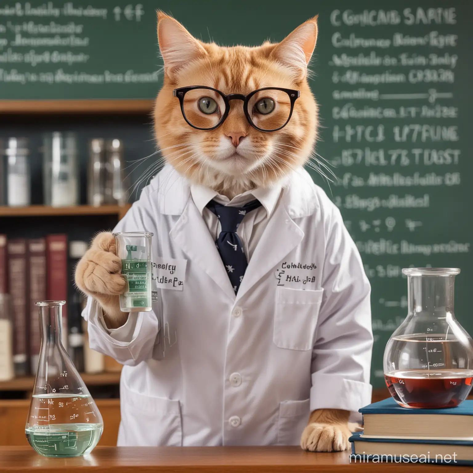 cat wearing nerd glasses, dressed in a lab coat, holding a glass beaker, Science calculations in background.