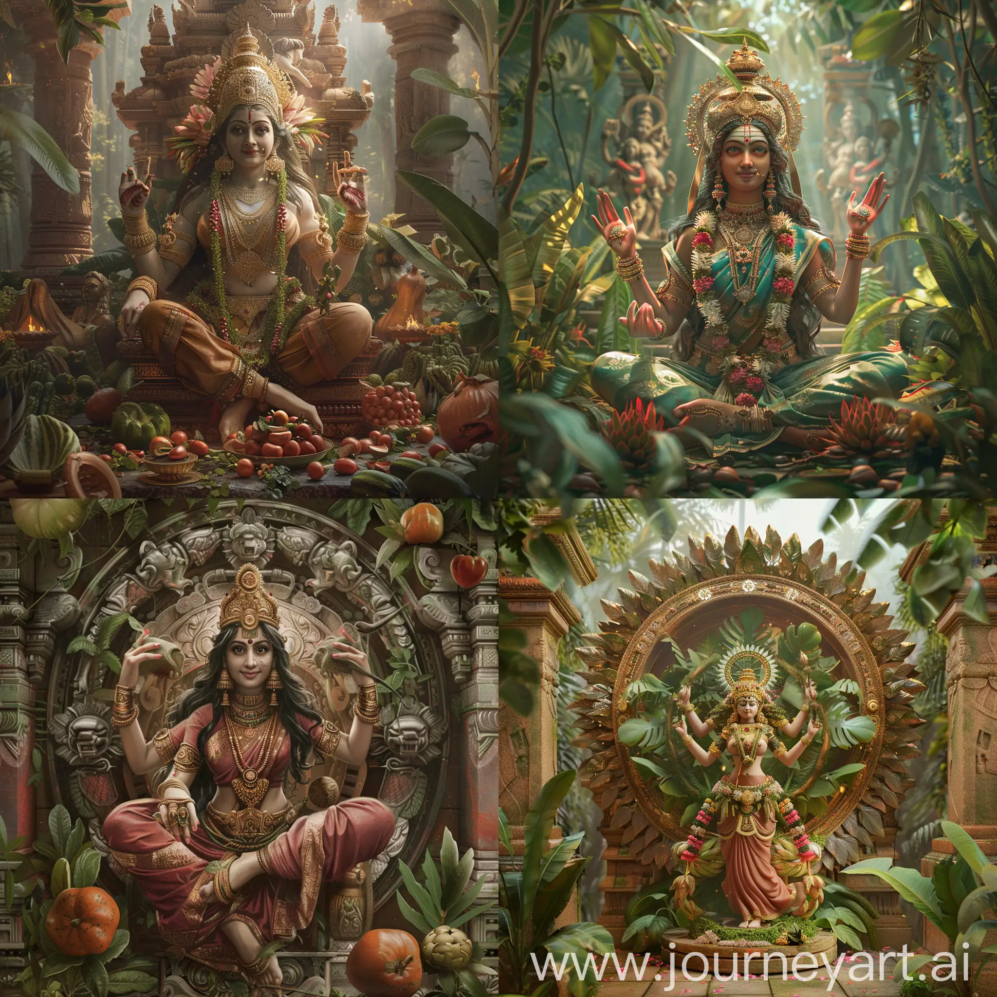 a stunning visual of a theme "a very beautiful Yakshi in a Kerala temple ", bosomy, picturesque, intricately detailed, photorrealistic selfie scene, A very well crafted, detailed, subtle smooth color tone, vegetable world background