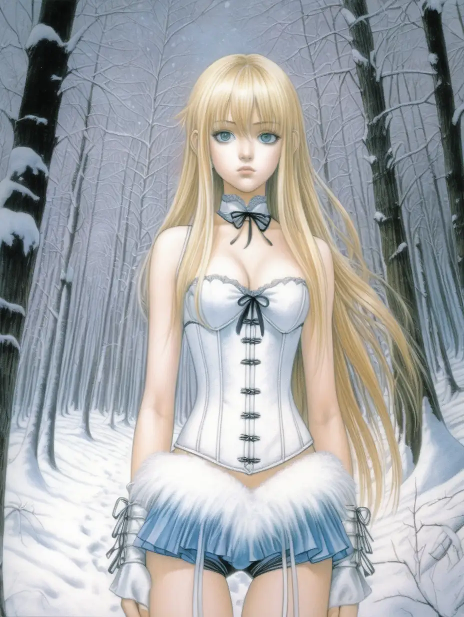 Ilustracion tenebrosa de Takeshi Obata hecha con pastel Chica rubia mira al espectador de frente, tiene el pelo largo y es delgada , tiene un corset blanco , , esta en un bosque llena de nieve . 