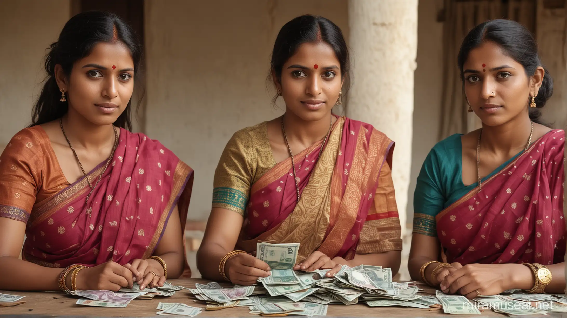 close up portrait of Indian village women in saree counting money, home in background, hyper realistic, hyper detailed, shot on canon 50 mm lense