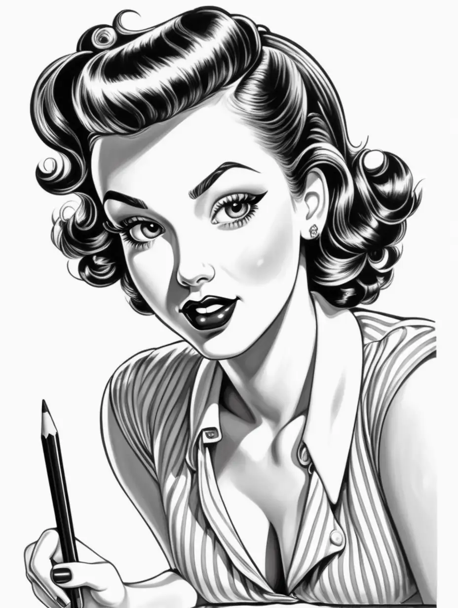 black and white cute pinup girl with pencil, illustrated style with white background