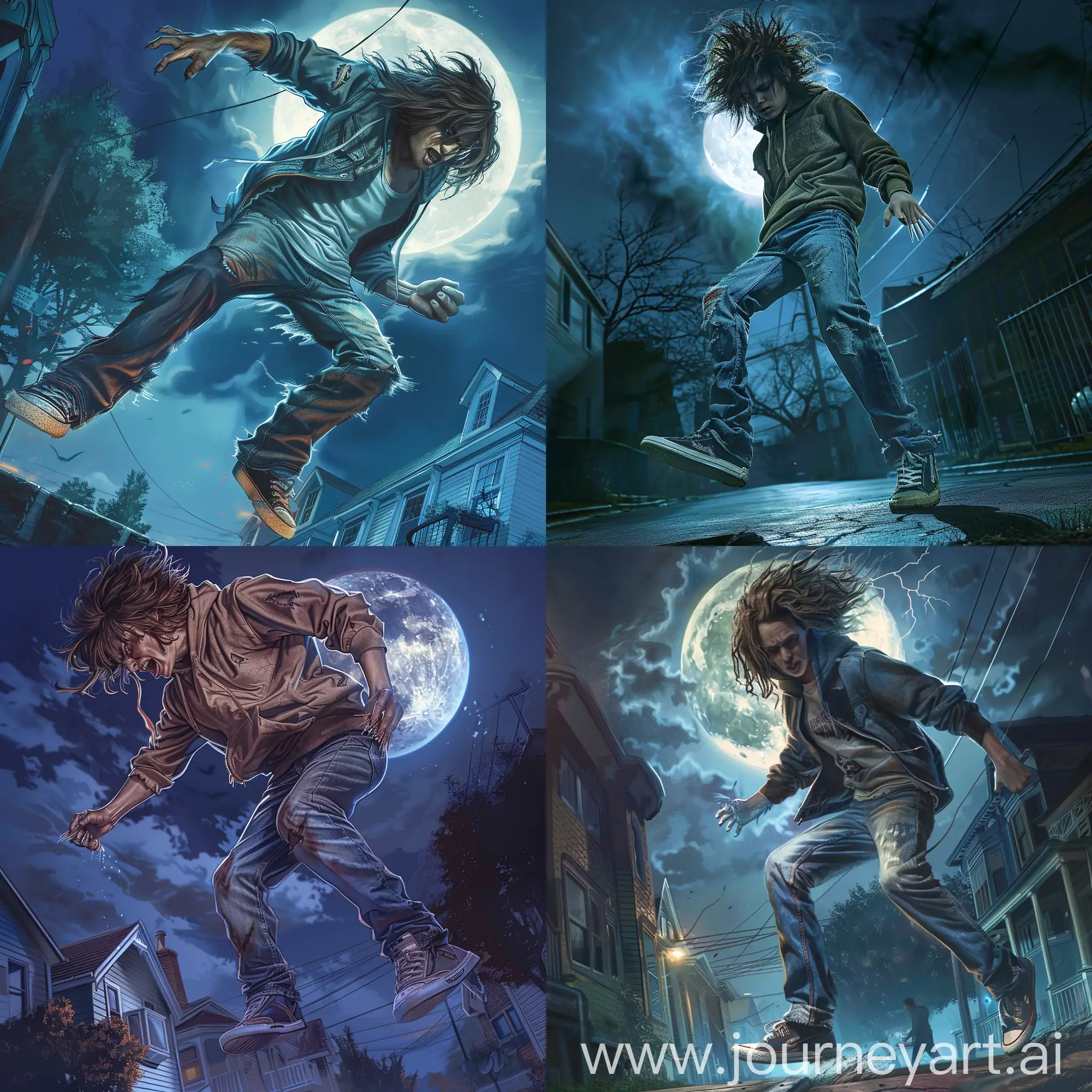 Create a hyper realistic image of a Clad in faded jeans, a hoodie, and sneakers, 16-year-old Ethan Miller traverses the moonlit streets of Oakwood, his tousled brown hair illuminated by the eerie glow of the full moon. Before he can react, searing pain courses through him as a werewolf sharp fangs pierce in his flesh, a grim reminder of the dangers lurking in the darkness of the night.
