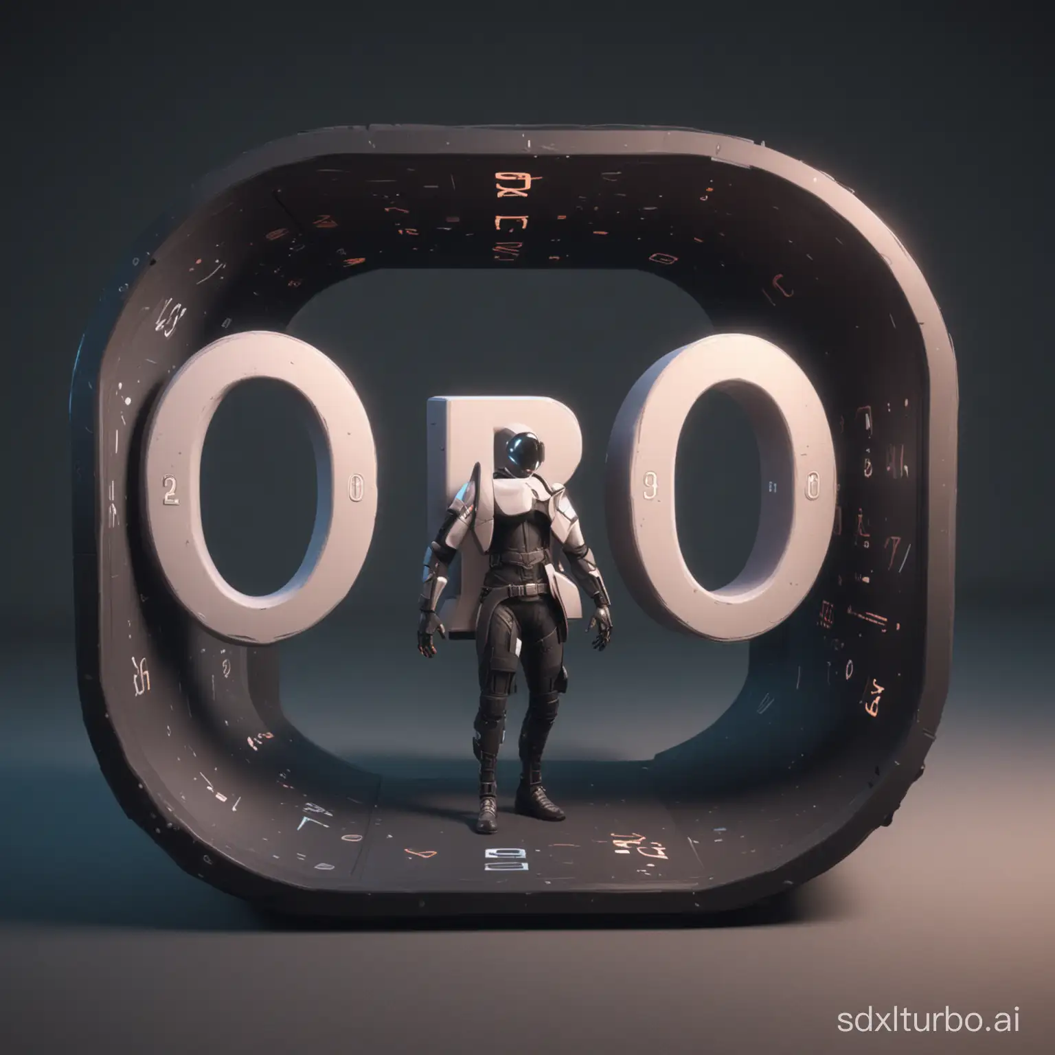 a bold number zero with three characters inside in a three-dimensional space created on a Metaverse platform.