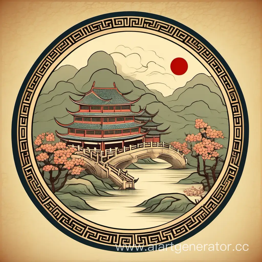 Chinese Graphic Illustration in Traditional Ancient Style.