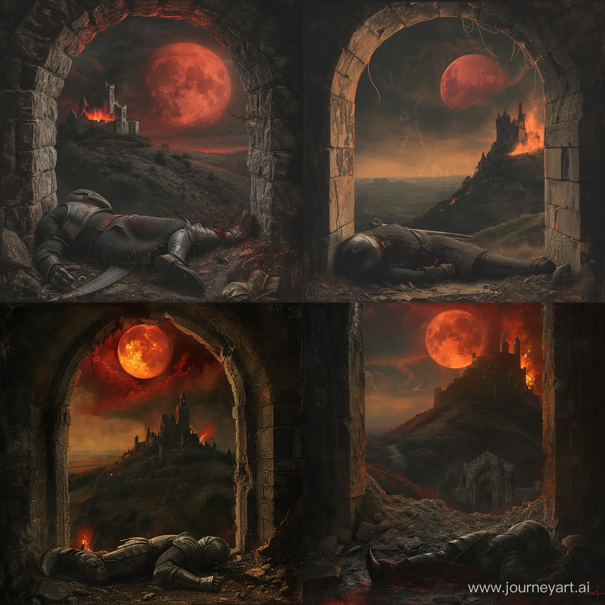 a knight lying, taking its last breath inside an Abandoned Tower, castle on fire in the hill background, blood moon, 1970's dark fantasy style, gritty, dark, vintage, detailed
