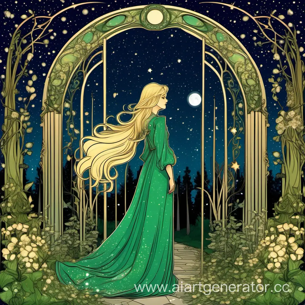 Enchanting-Art-Nouveau-Fantasy-Forest-Scene-with-a-Beautiful-Lady-in-GreenBlue-Dress