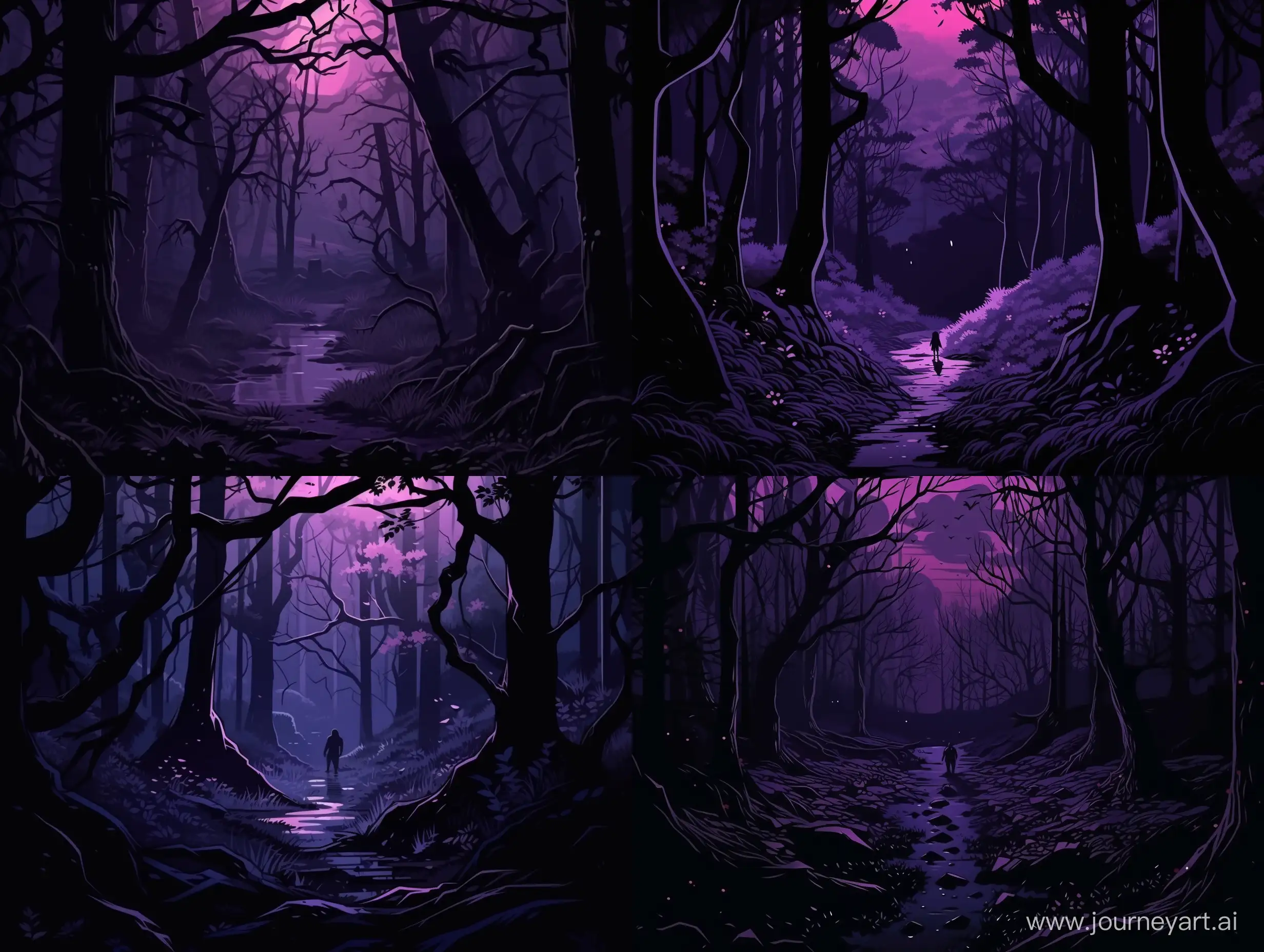 violette and purple colors, black currant leaves, night dark gloomy forrest, gothic style dark shades, dark fantasy atmosphere, comics style, 2d