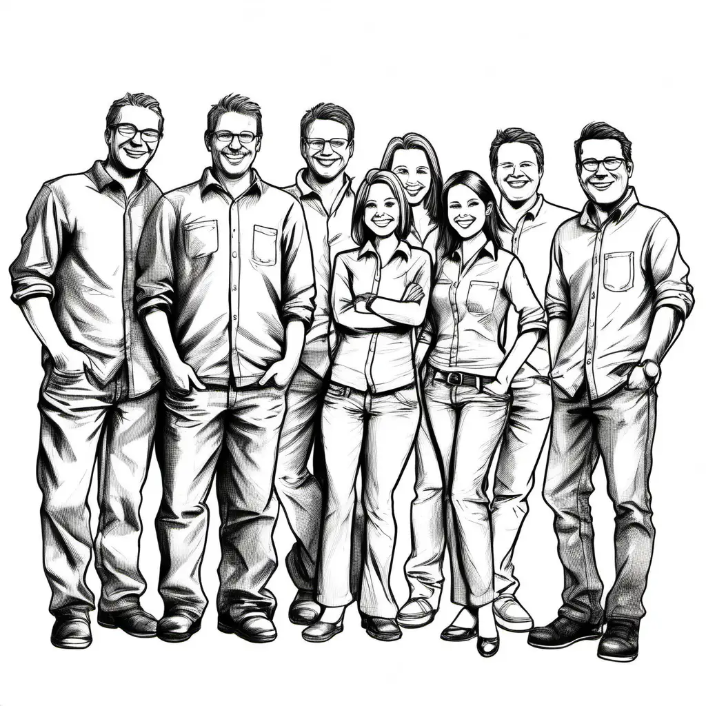 Create a hand sketch of an extremely happy software development team.
All the drawing should fit in the image.
No colors. White background. No shades. Background : FFFFFF