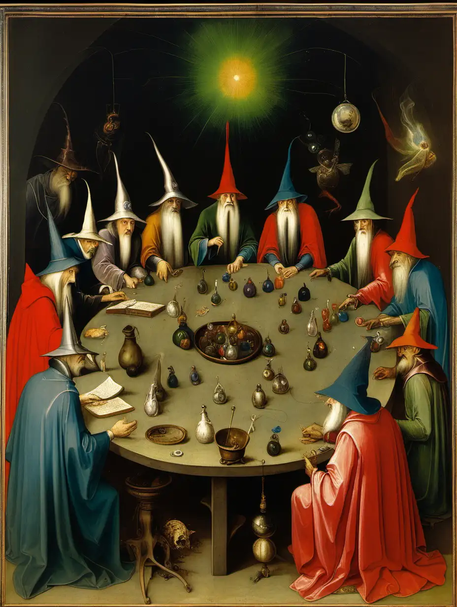 bosch painting depicting a wizards in different coloured robes gathered around a table 