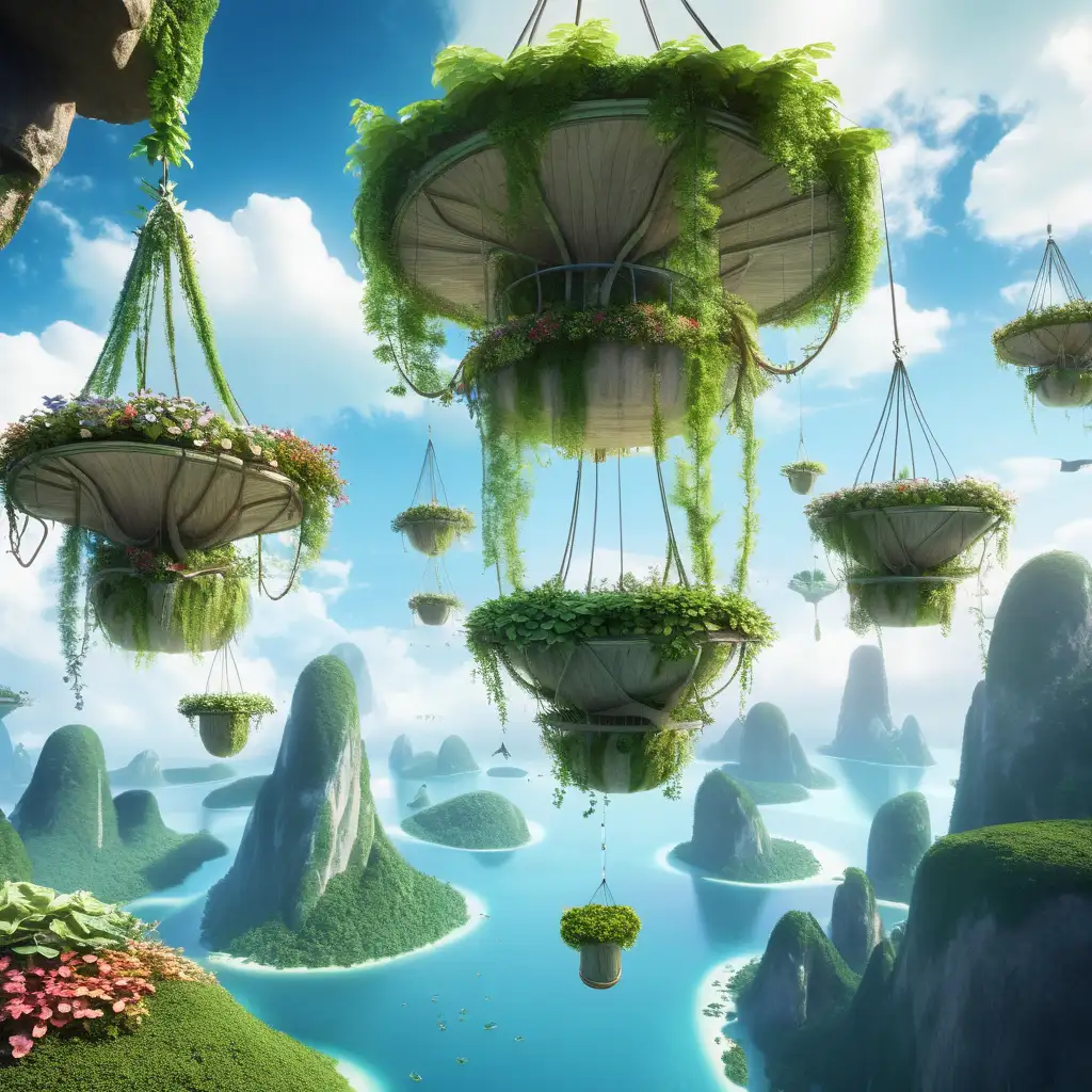 Hanging garden islands floating in the sky with vines hanging down
