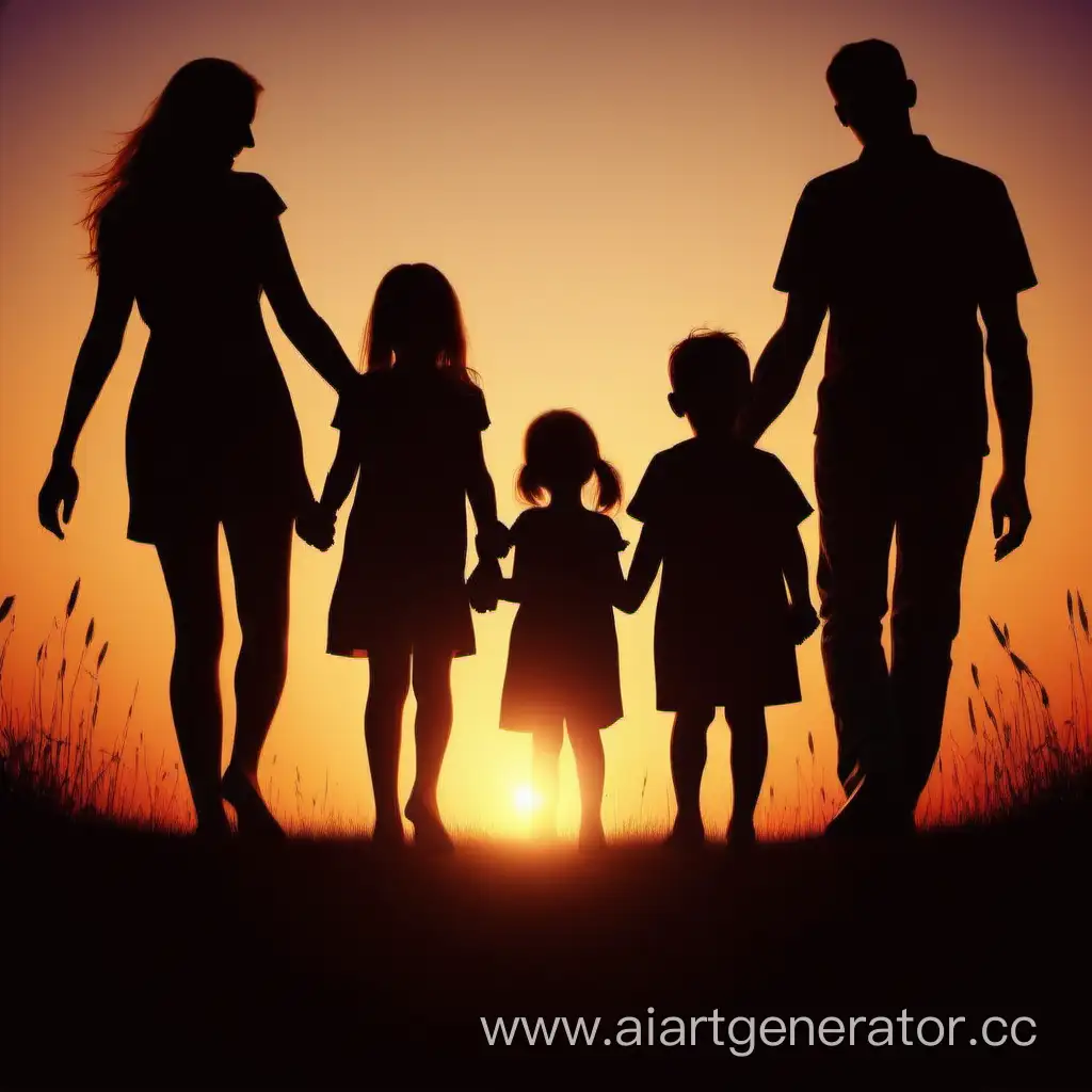 a happy family. mom, dad, daughter, son, holding hands, sunset, silhouette