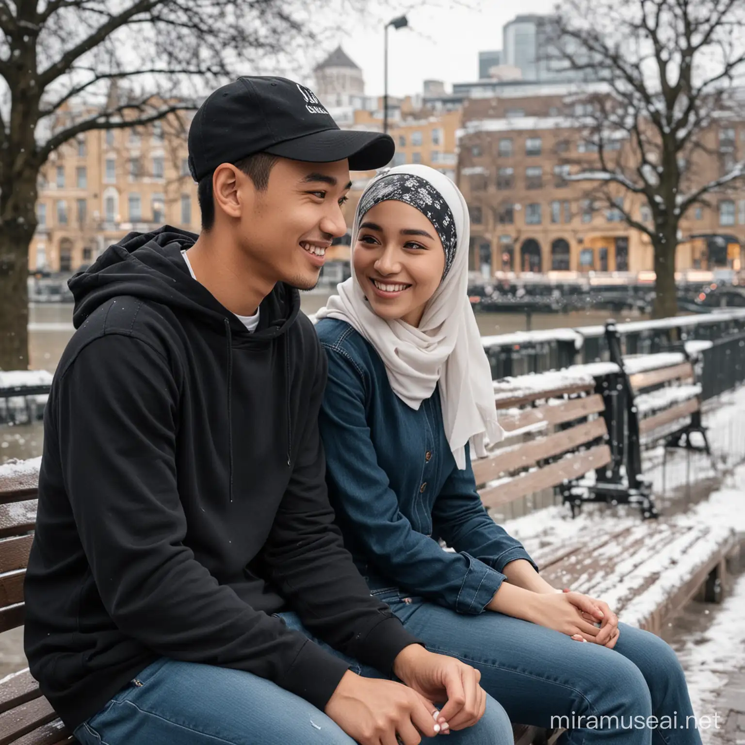 Se orang pria asia memakai topi baseball dan memakai kemeja hitam bersama seorang wanita memakai hijap celana jeans duduk di bangku taman dekat jembatan kota London, suasana bersalju, wajah tersenyum manis, mereka tampak bersahabat dan saling berpautan , sangat detail, sangat halus