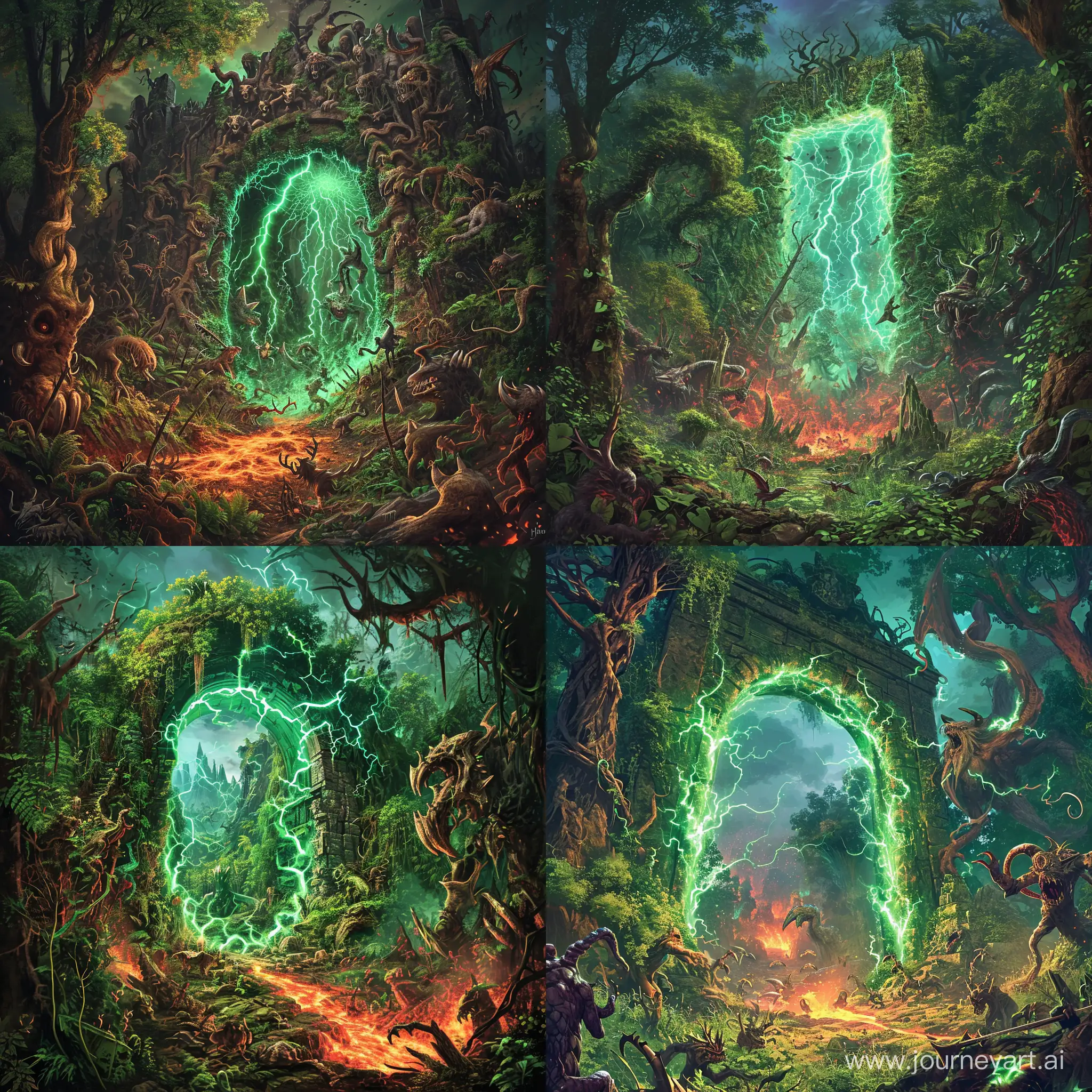 an ethereal portal gate into hell in the middle of a vibrant forest. Portal gate appear distinct with fluctuating green electric energy. The forest, teeming with wild life and greenery, looking curiously at the portal gate. Hell, with lava and fire, is filled with evil and angry creatures with terrifying weapons. Highly detailed artwork.