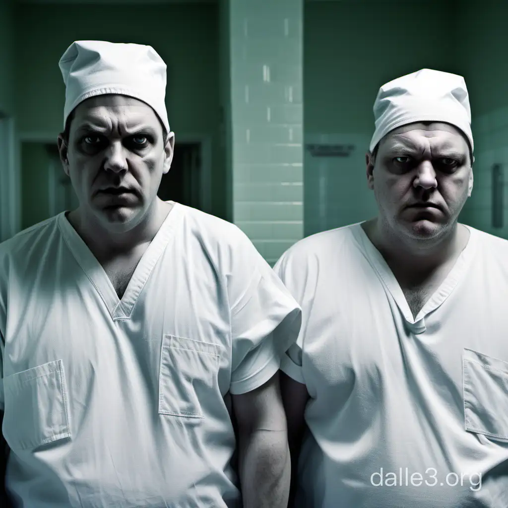 two white male orderlies from a psychiatric hospital dressed in white. they are large and brutish looking