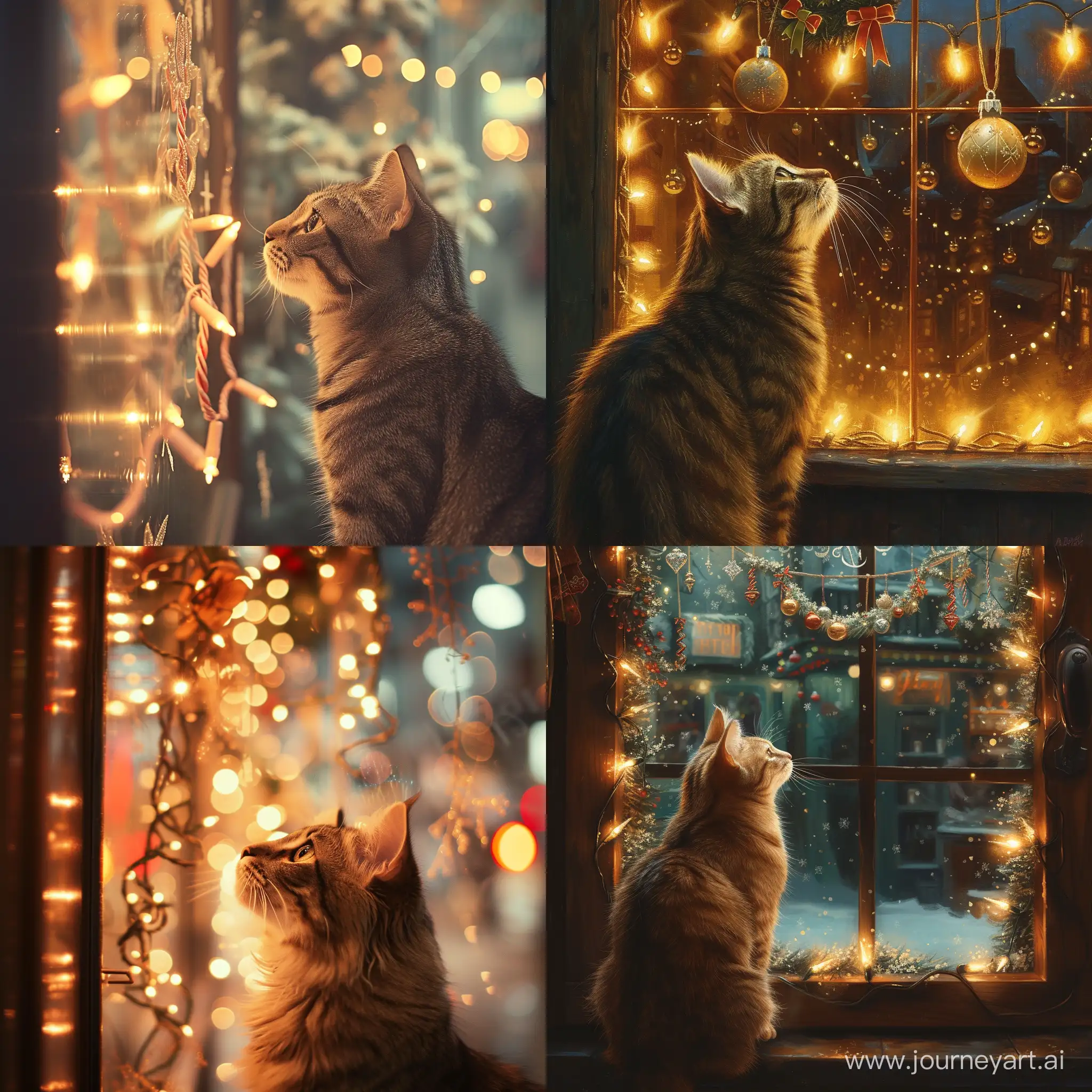 Кот заворожённо смотрит на витрину магазина увешанную мигающими ёлочными гирляндами.