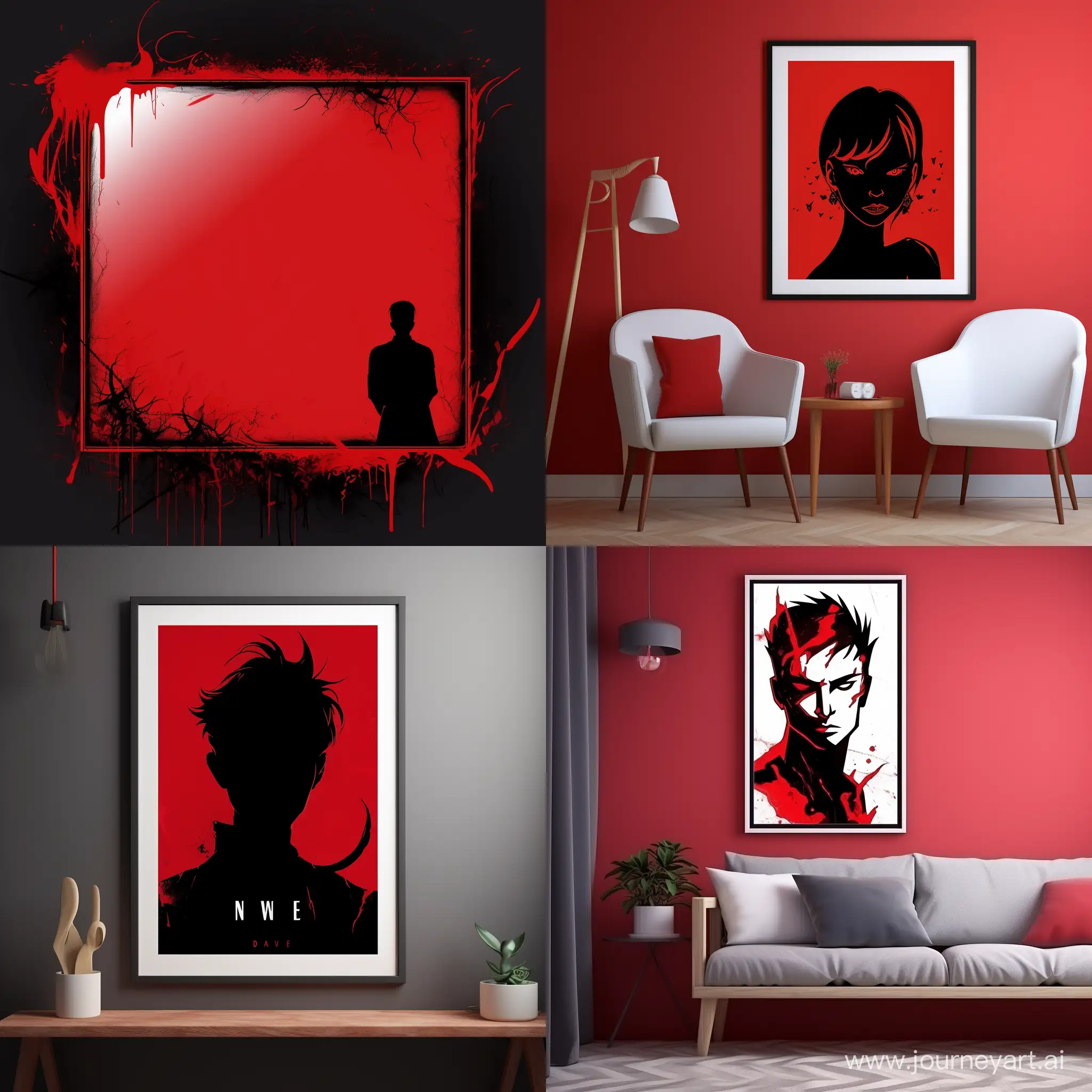 anime style, Anime, Anime drawing, Simple drawing, Red background, The white sign of a killer, Banner with a picture in the form of a black frame.