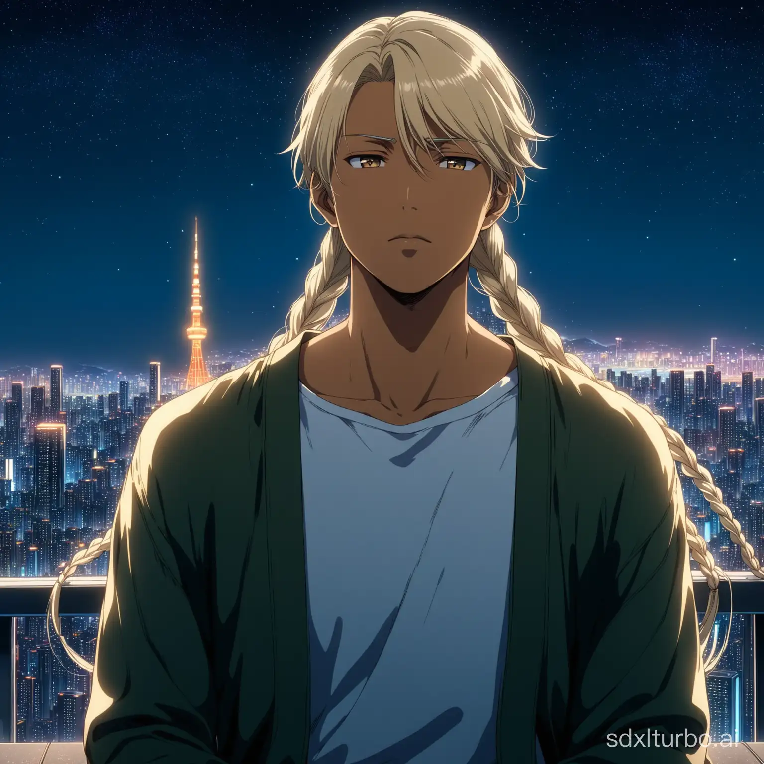 Japanese man, light brown skin, meditating, platinum blonde hair, long braids, handsome, sci-fi city background, night, tall buildings with lights Anime Key Visual, Japanese Manga, Anime art, anime, anime masterpiece, pixiv, soft lighting, intricate detail, highly detailed, anime art, 4k, high quality