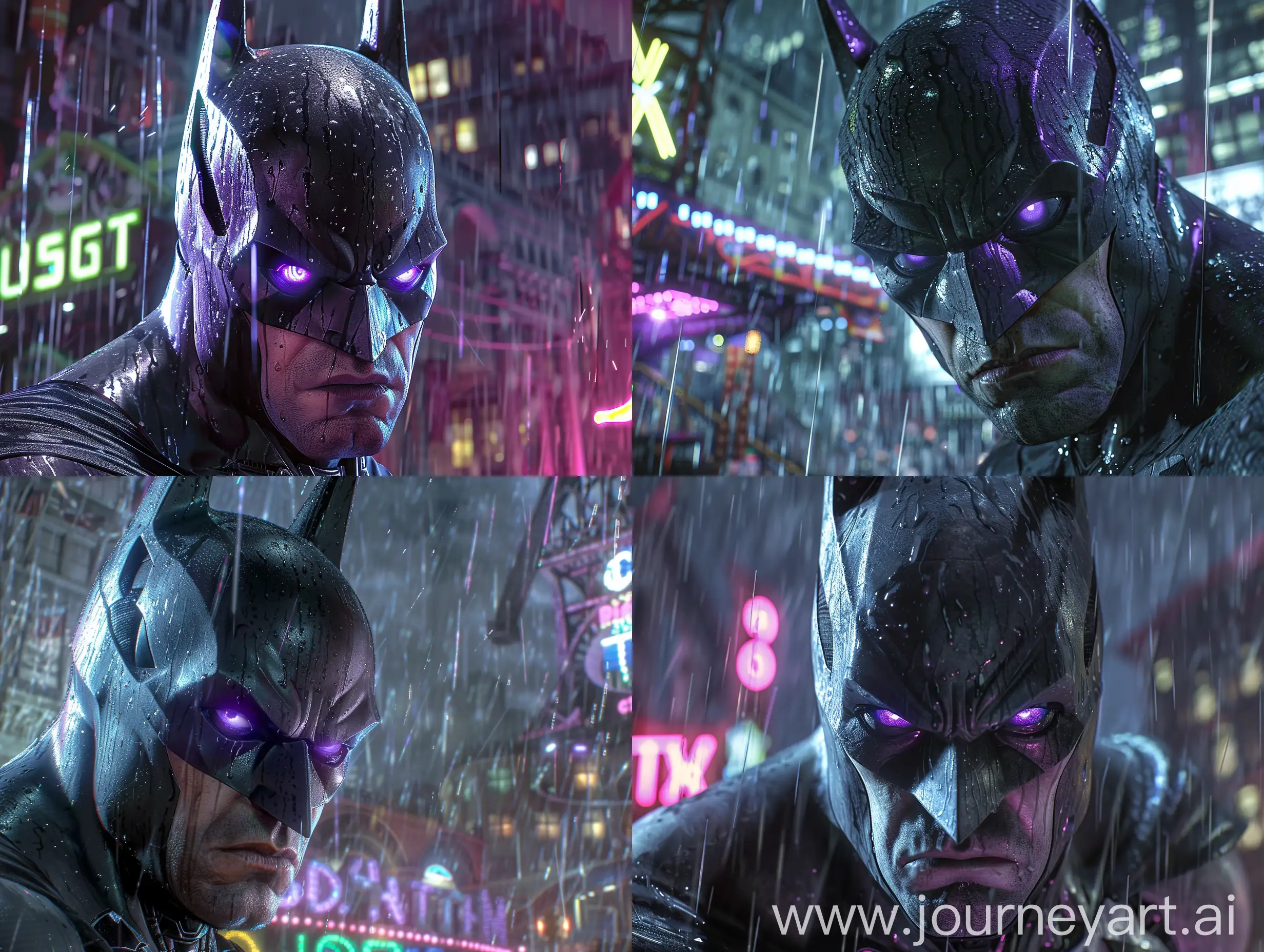 Batman from arkham series doing an adventure,full rain and thunders,closeup shot,grim city,neon lights,glowing purple eyes,extrwemely detailed,rtx on,path ray tracing,dramatic background,gothic gotham 