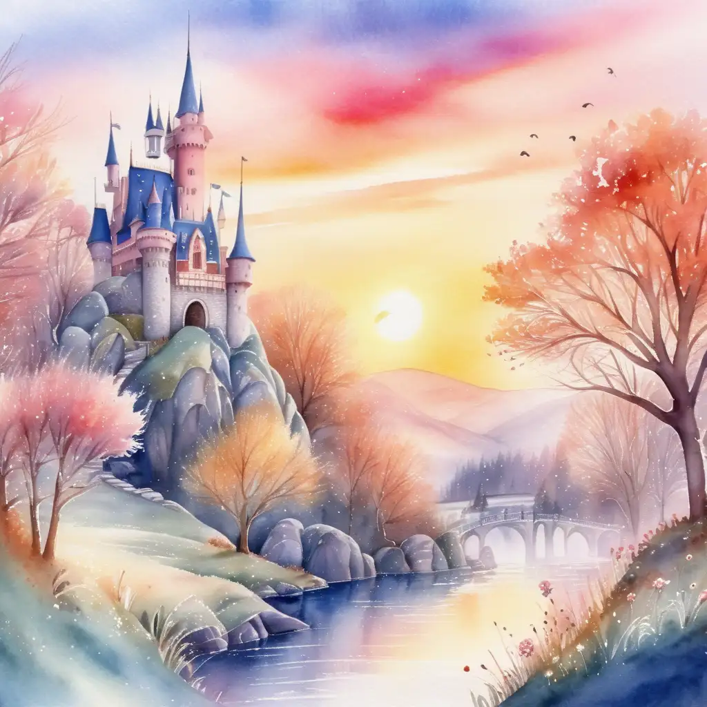 Enchanting Sunrise in Fairytale Land Watercolor Landscape Painting